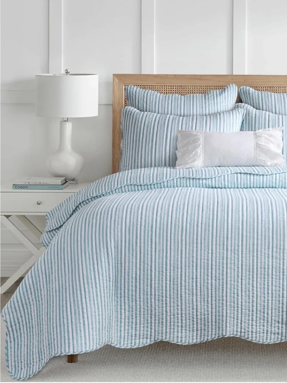 🆕 PB Style Blue & White Striped Cotton Quilt Coverlet Scalloped Trim Set NWT